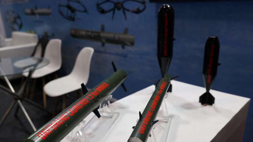 FILE PHOTO: A view shows model missiles used in drones developed by Bharat Dynamics Limited, kept on display at their stall at the drone exhibition at Bharat Drone Shakti 2023