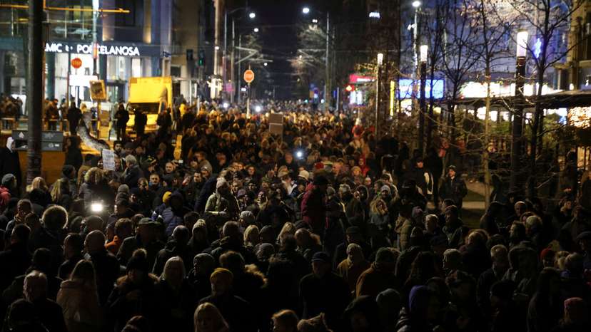 Supporters of the opposition 'Serbia Against Violence' (SPN) coalition gather in front of St. Marko church, in Belgrade