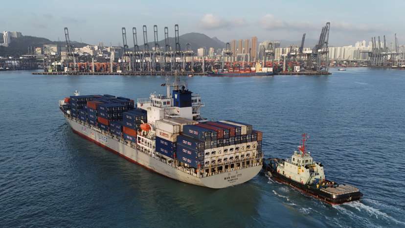 A drone view shows a Wan Hai Lines cargo at the terminal at the port in Kwai Chung in Hong Kong