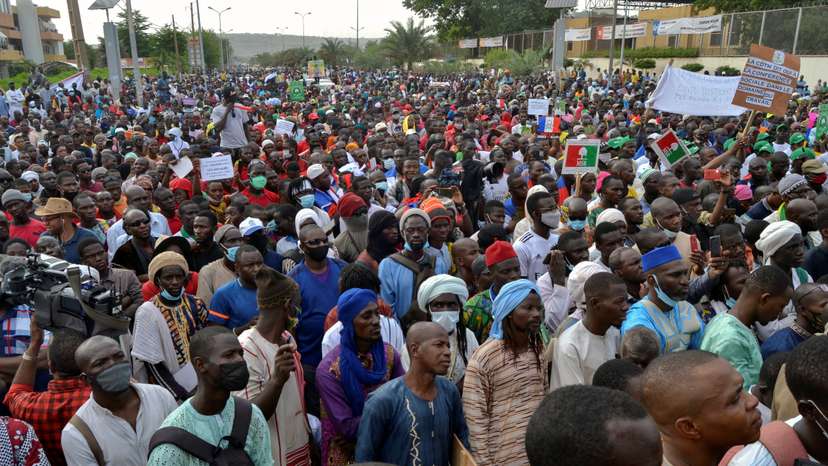 Supporters of Mali's M5-RFP opposition coalition, gather during a rally at the Independence Square in Bamako