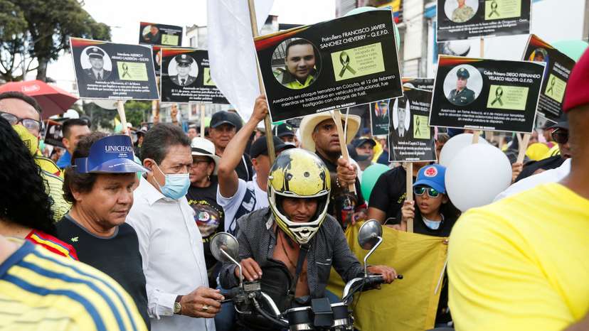 People protest against the killings of police officers by the Clan Del Golfo criminal gang, according to authorities, in Bucaramanga