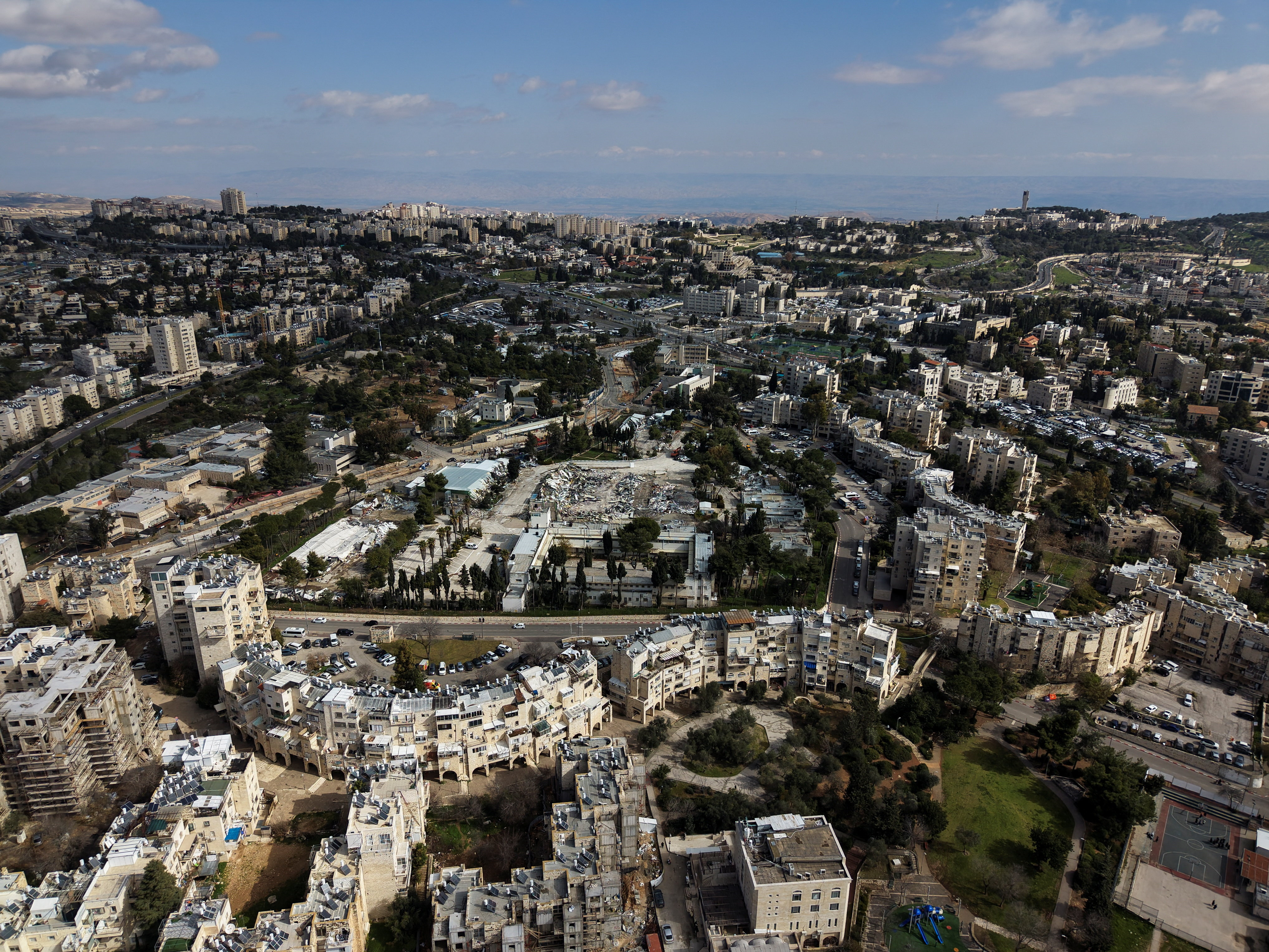 A drone view of the remains of the Jerusalem headquarters of the United Nations Relief and Works Agency for Palestine Refugees (UNRWA) in East Jerusalem