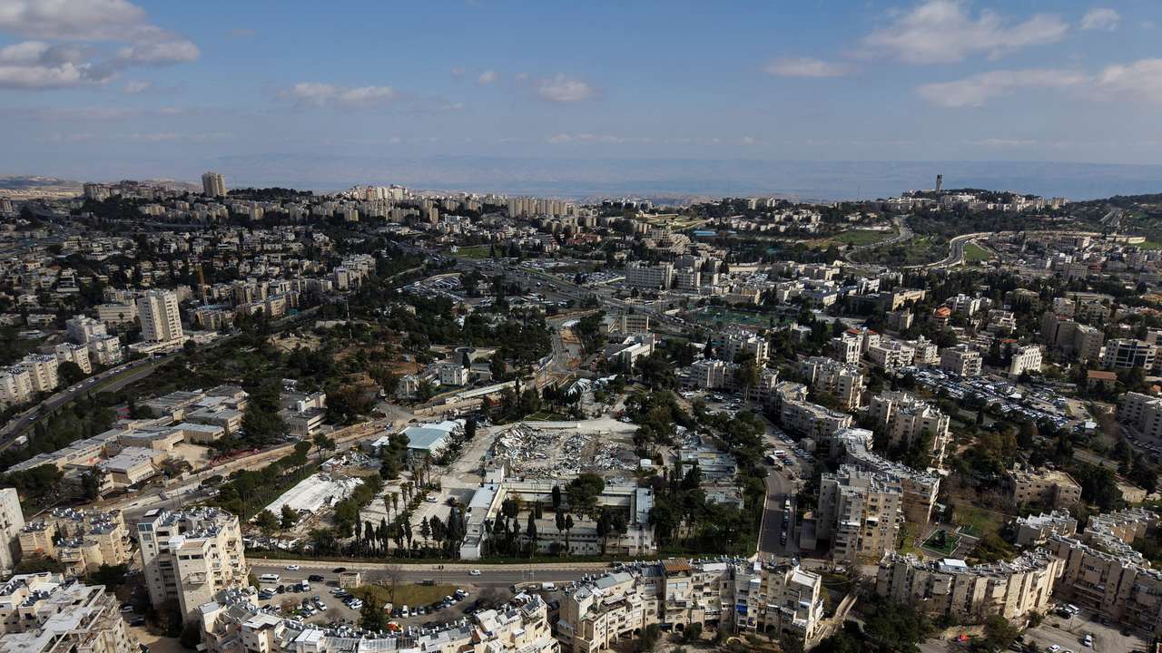 A drone view of the remains of the Jerusalem headquarters of the United Nations Relief and Works Agency for Palestine Refugees (UNRWA) in East Jerusalem
