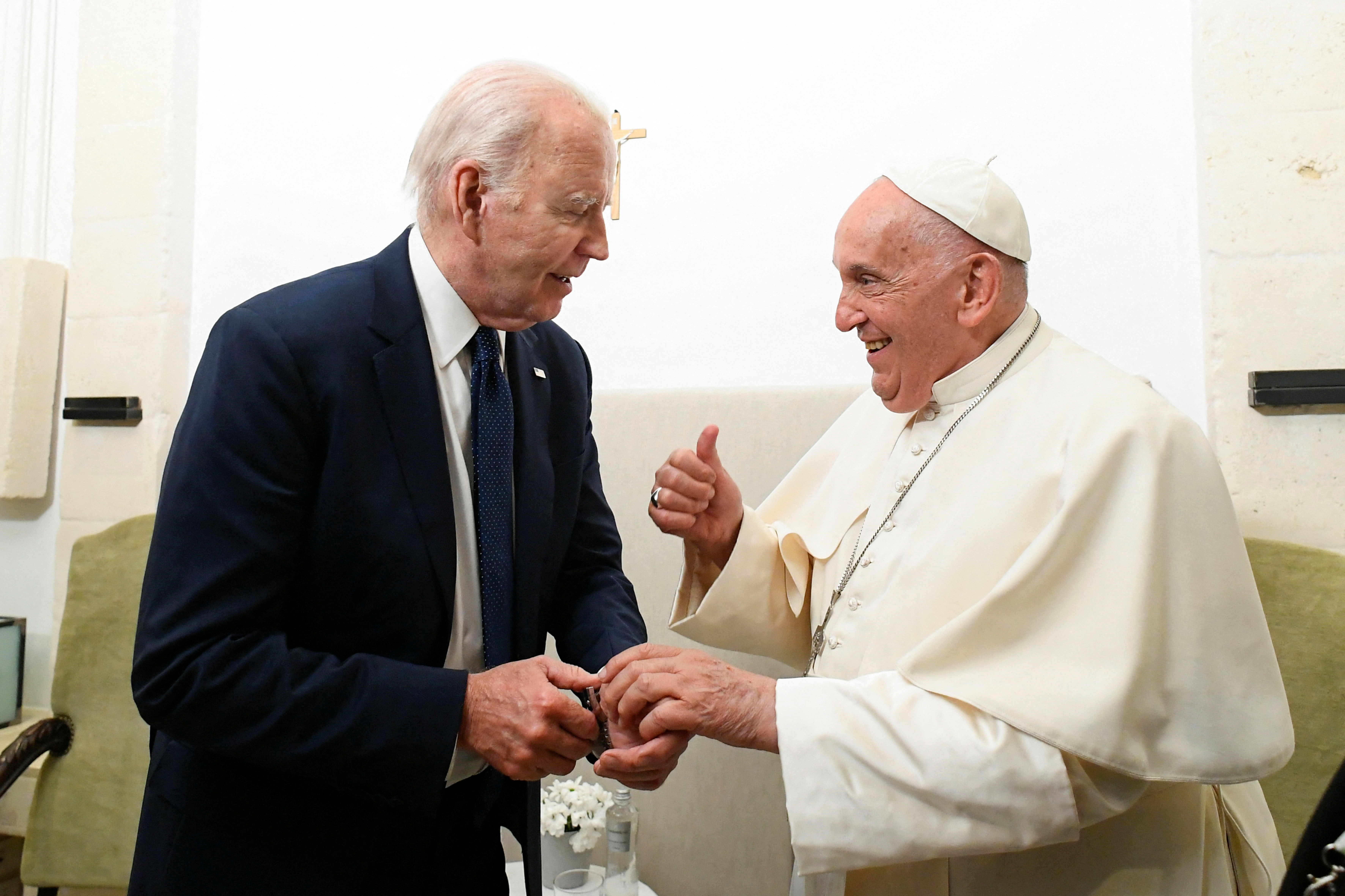 Pope Francis and U.S. President Joe Biden meet as they attend the G7 summit, in Savelletri