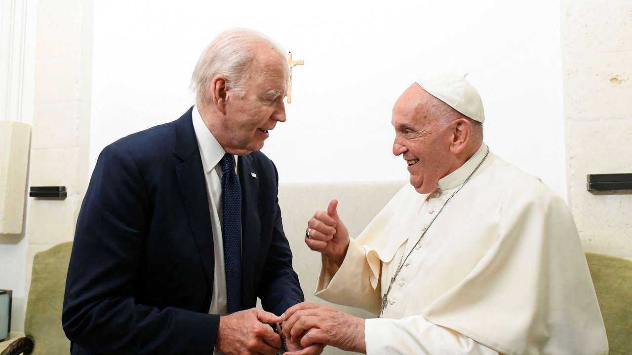 Pope Francis and U.S. President Joe Biden meet as they attend the G7 summit, in Savelletri
