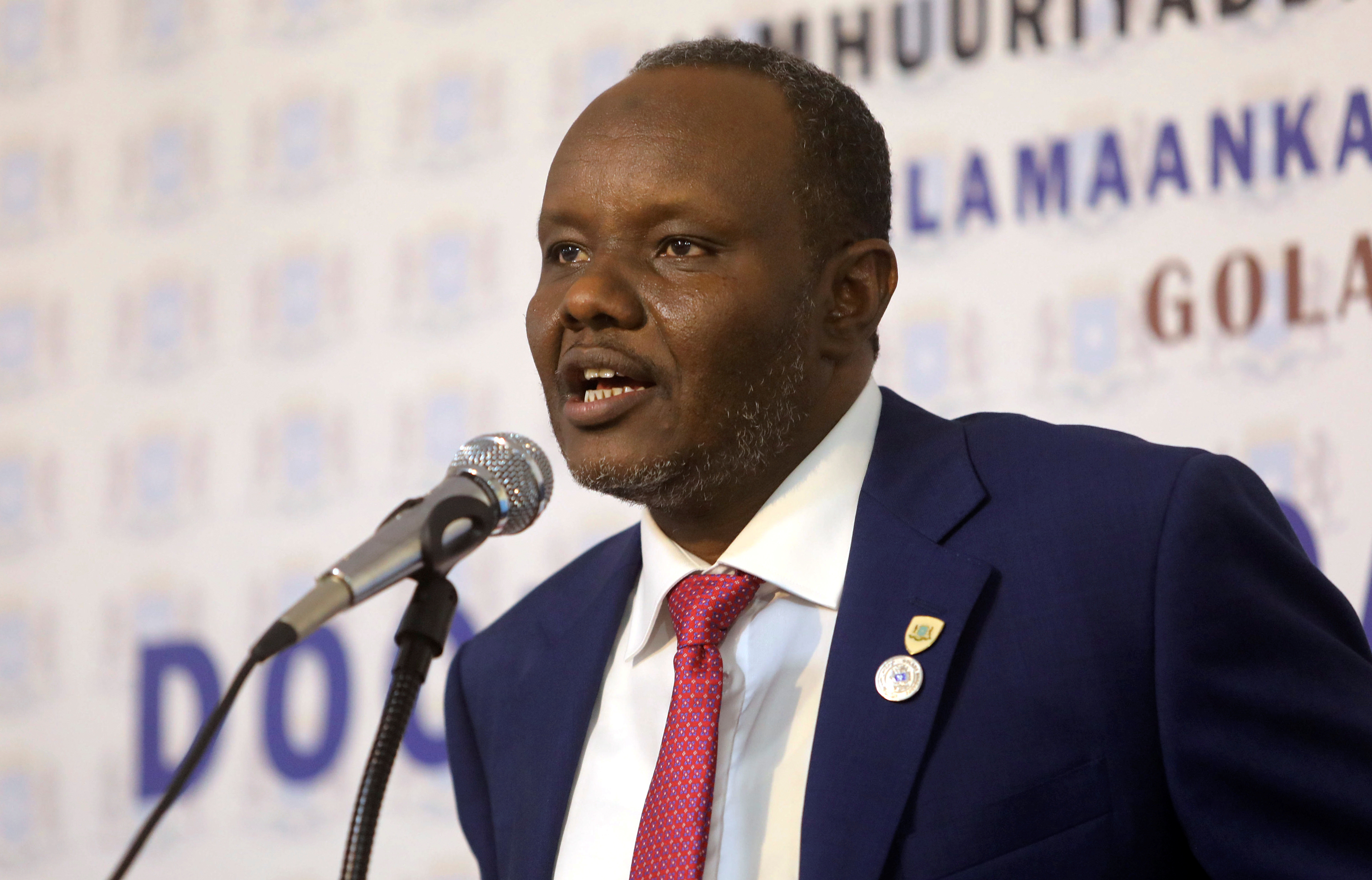 Somalia's presidential candidate of South West state Abdiaziz Hassan Mohamed speaks inside the Somali Parliament house in Mogadishu