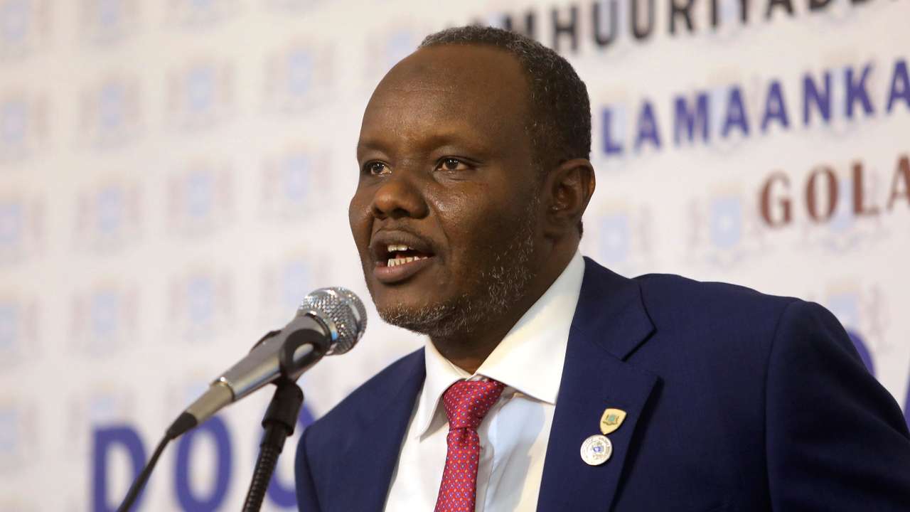 Somalia's presidential candidate of South West state Abdiaziz Hassan Mohamed speaks inside the Somali Parliament house in Mogadishu