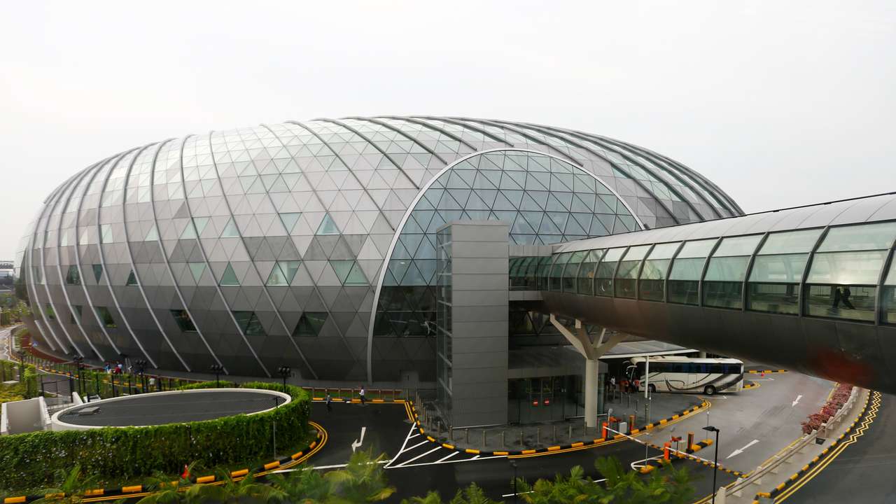 A general view shows the facade of Jewel, along with a walkway linking it to the various terminals in Changi Airport in Singapore