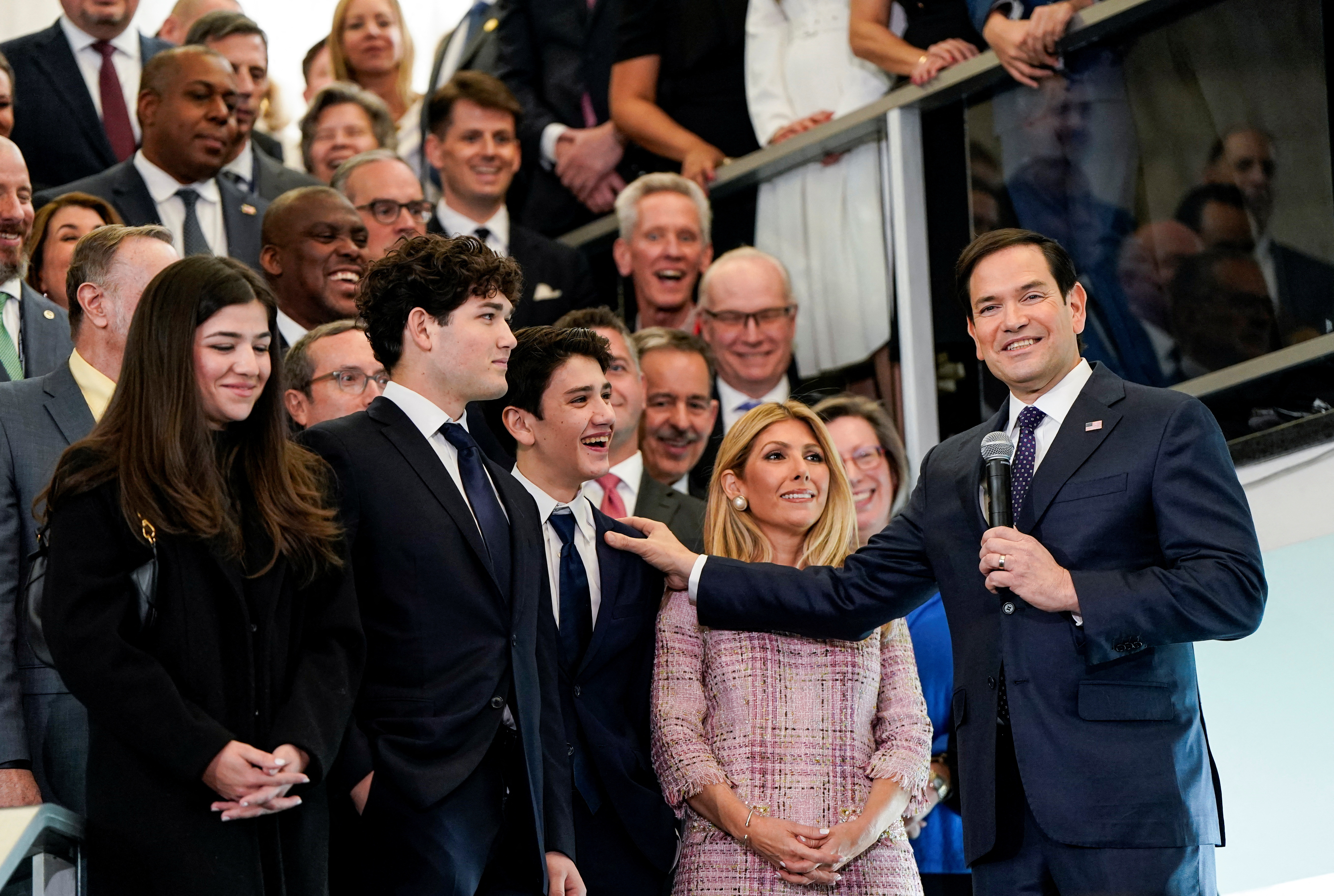 Newly confirmed U.S. Secretary of State Marco Rubio speaks to reporters at the State Department in Washington