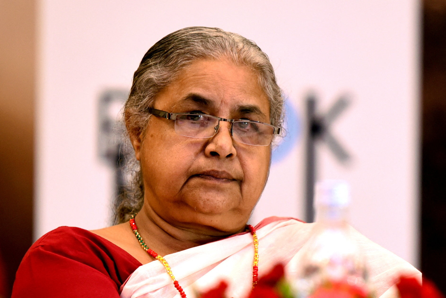 Nepal's former Chief Justice Sushila Karki looks on during the launch of her autobiography "Nyaya" at a ceremony in Kathmandu
