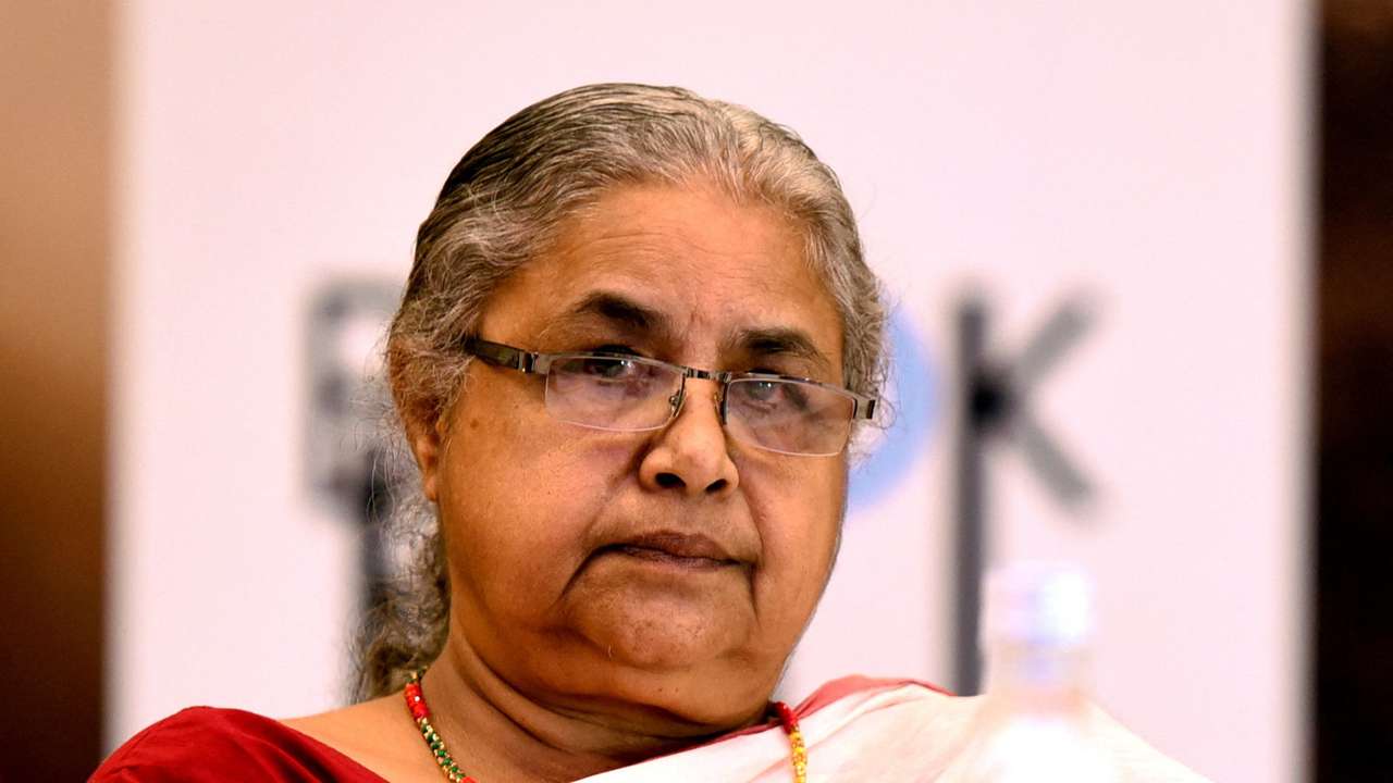 Nepal's former Chief Justice Sushila Karki looks on during the launch of her autobiography "Nyaya" at a ceremony in Kathmandu