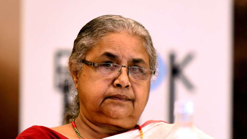 Nepal's former Chief Justice Sushila Karki looks on during the launch of her autobiography "Nyaya" at a ceremony in Kathmandu