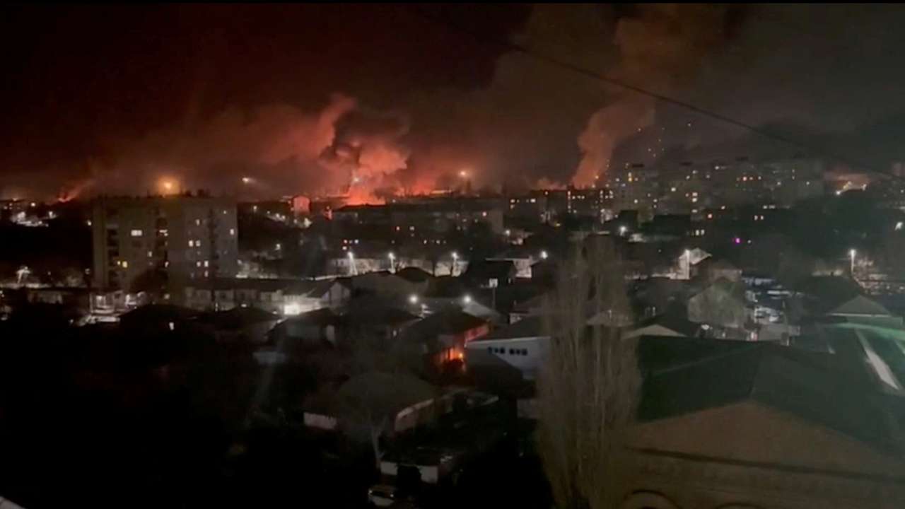Plumes of smoke rise from a strike, amid Russia's attack on Ukraine, in Kropyvnytskyi