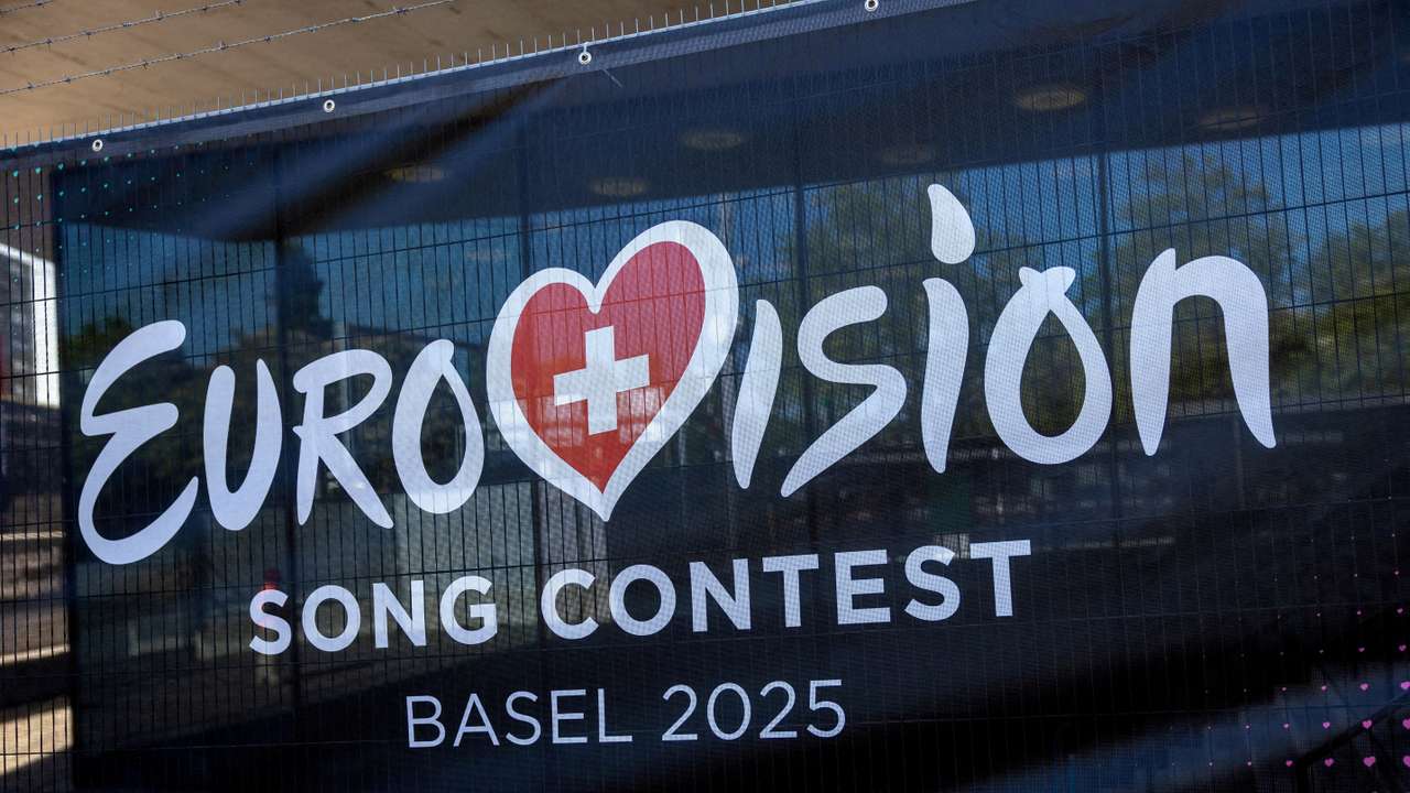 FILE PHOTO: A logo of the Eurovision Song Contest is seen in front of the St. Jakobshalle in Basel
