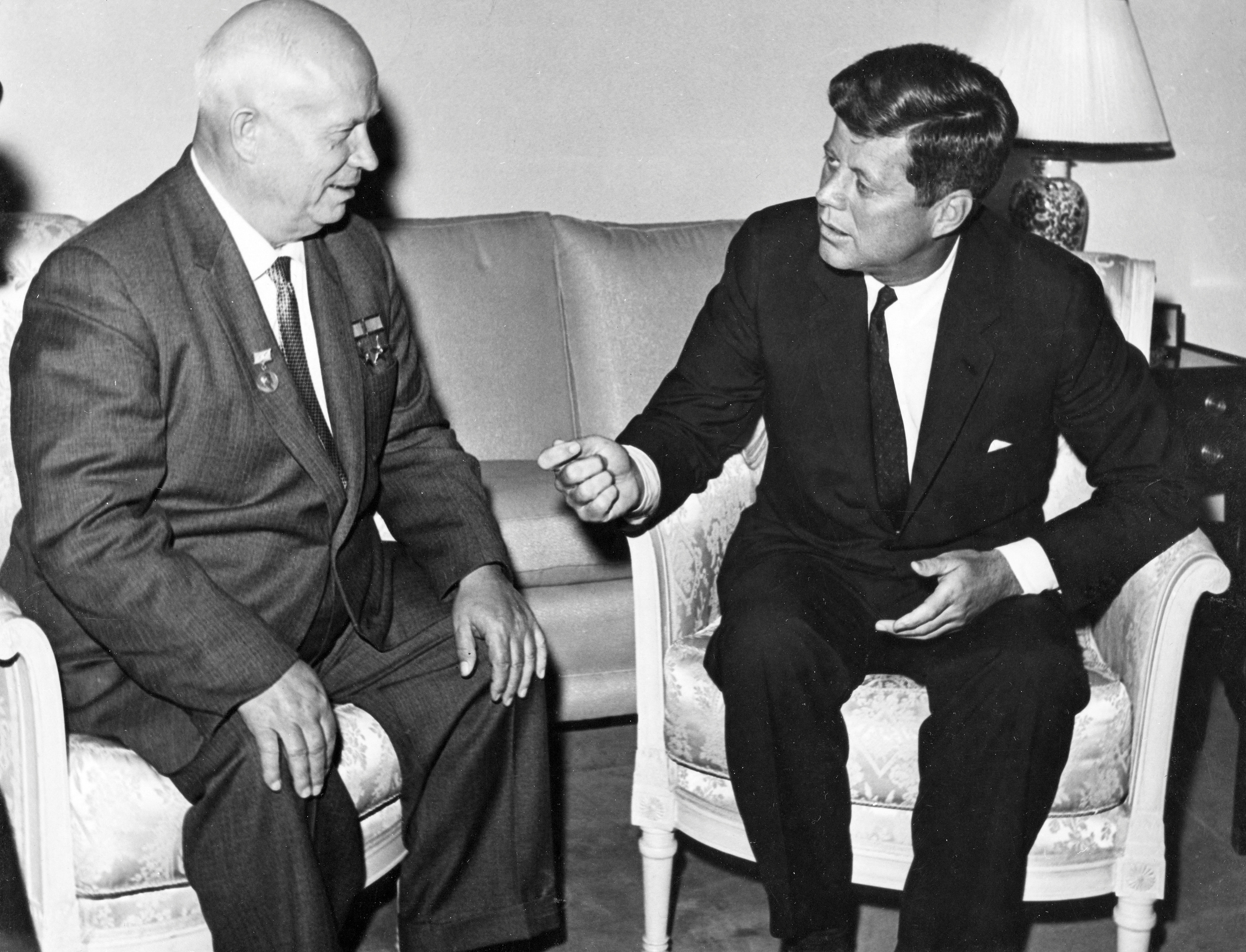 FILE PHOTO: Handout image shows former U.S. President Kennedy meeting with former Soviet leader Khrushchev at the U.S. Embassy in Vienna