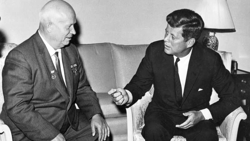 FILE PHOTO: Handout image shows former U.S. President Kennedy meeting with former Soviet leader Khrushchev at the U.S. Embassy in Vienna