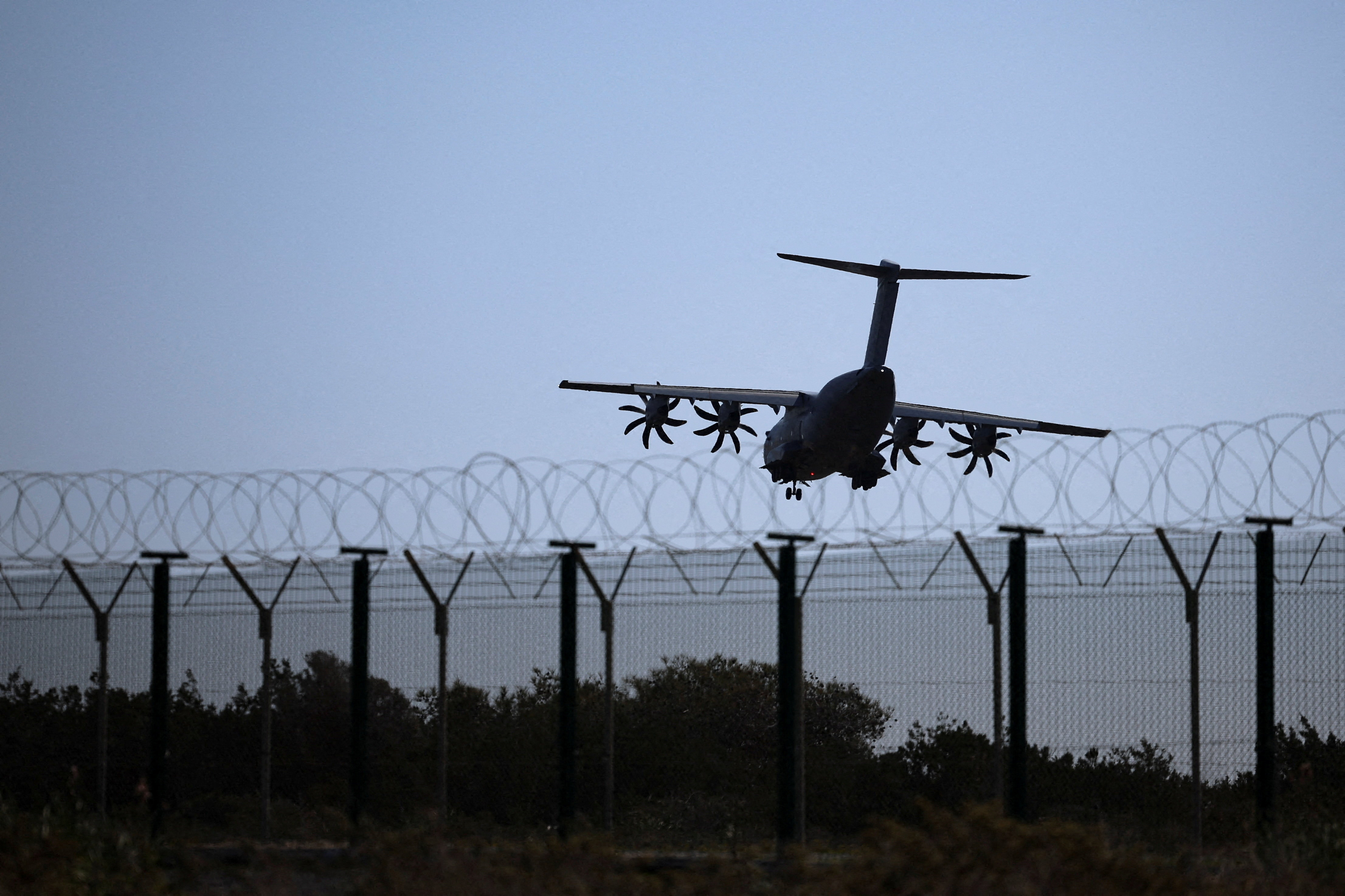 An aircraft prepares to land in RAF Akrotiri, a British sovereign base in Cyprus that was hit by a drone, in Cyprus