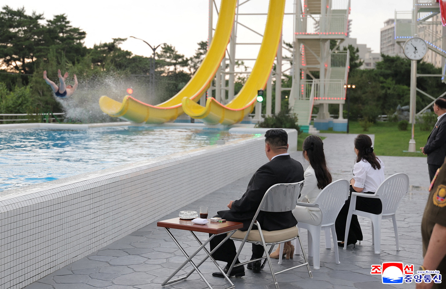 North Korean leader Kim Jong Un and his daughter Kim Ju Ae attend a ceremony to celebrate the completion of the Wonsan Kalma Coastal Tourist Zone