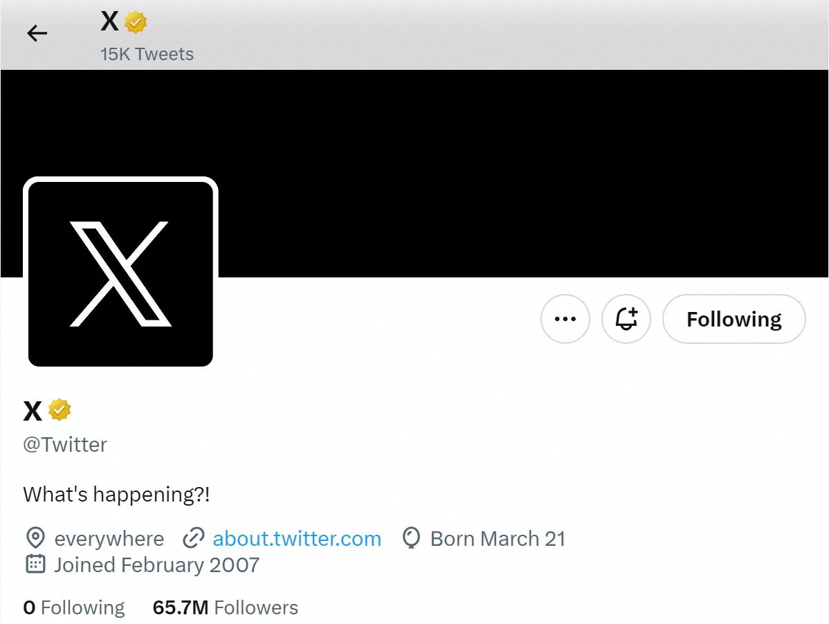 A screen capture of Twitter's official page with an "X" on the profile image