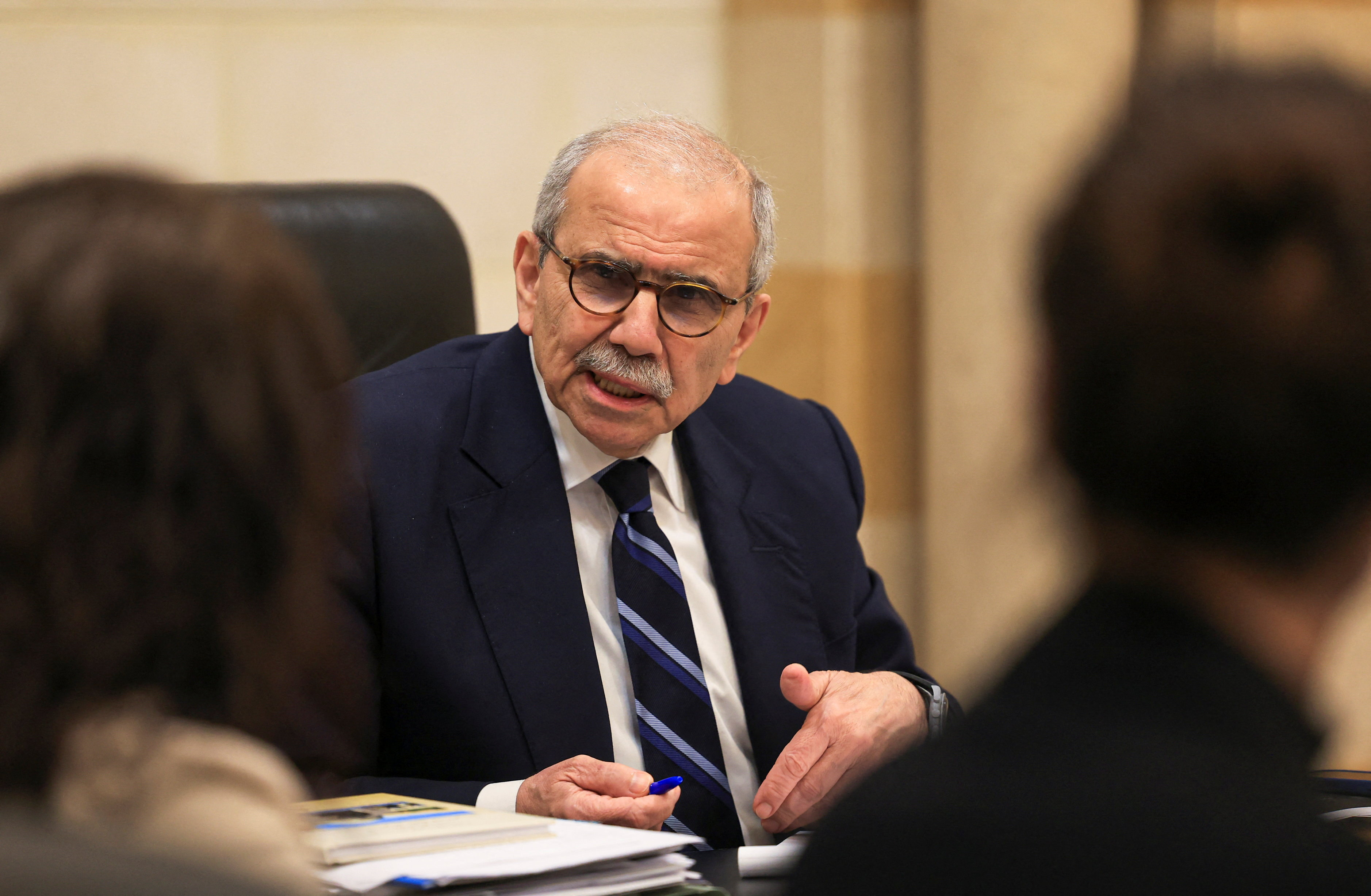 Lebanese Prime Minister Nawaf Salam speaks to journalists at the government headquarters, in Beirut