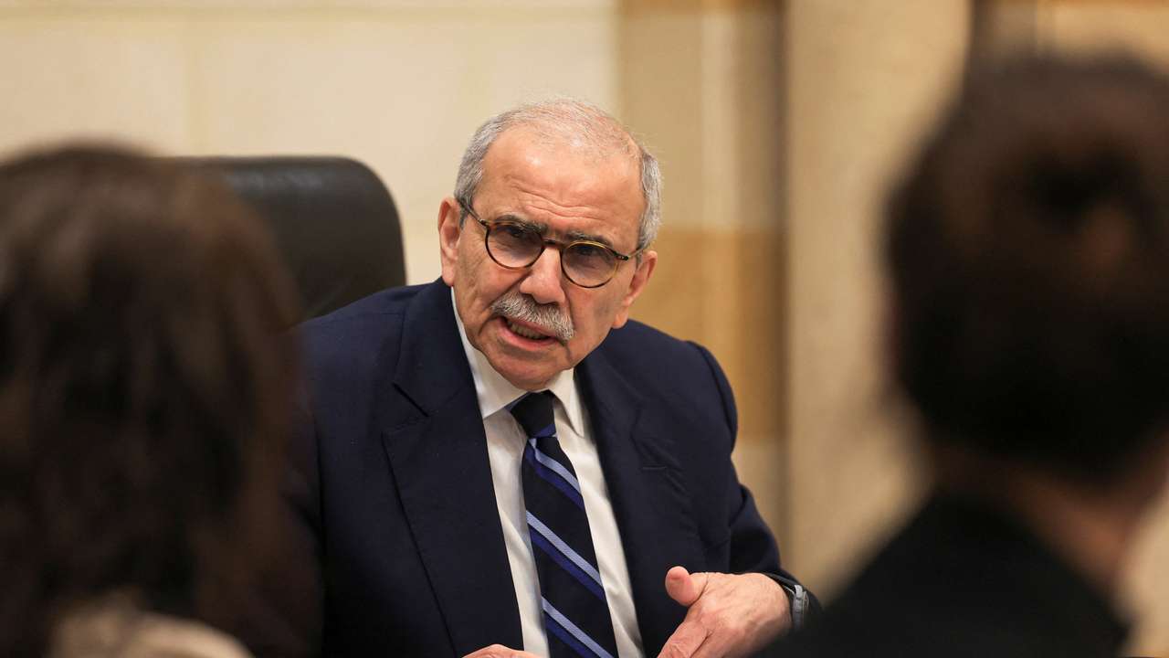 Lebanese Prime Minister Nawaf Salam speaks to journalists at the government headquarters, in Beirut