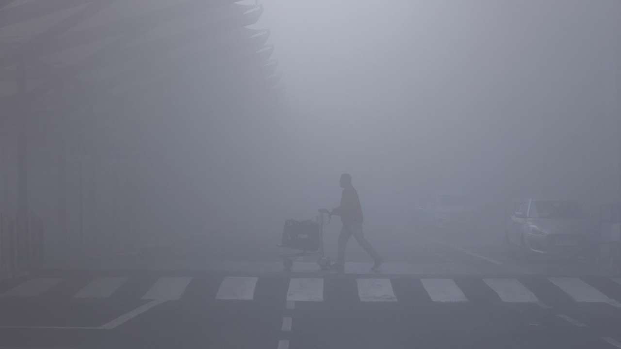 FILE PHOTO: A man walks with his luggage cart amidst heavy fog at the Indira Gandhi International Airport in New Delhi