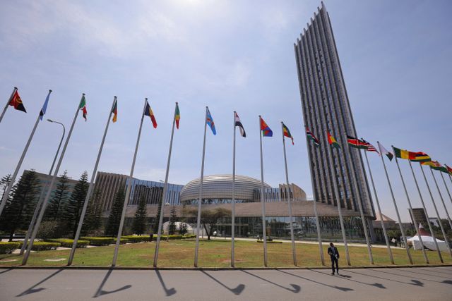 FILE PHOTO: A delegate walks next to African Union (AU) member states flags ahead of the 38th Ordinary Session of the Heads of State and Government of the African Union at the African Union Commission (AUC) headquarters in Addis Ababa, Ethiopia, February 14, 2025. REUTERS/ Tiksa Negeri/File Photo