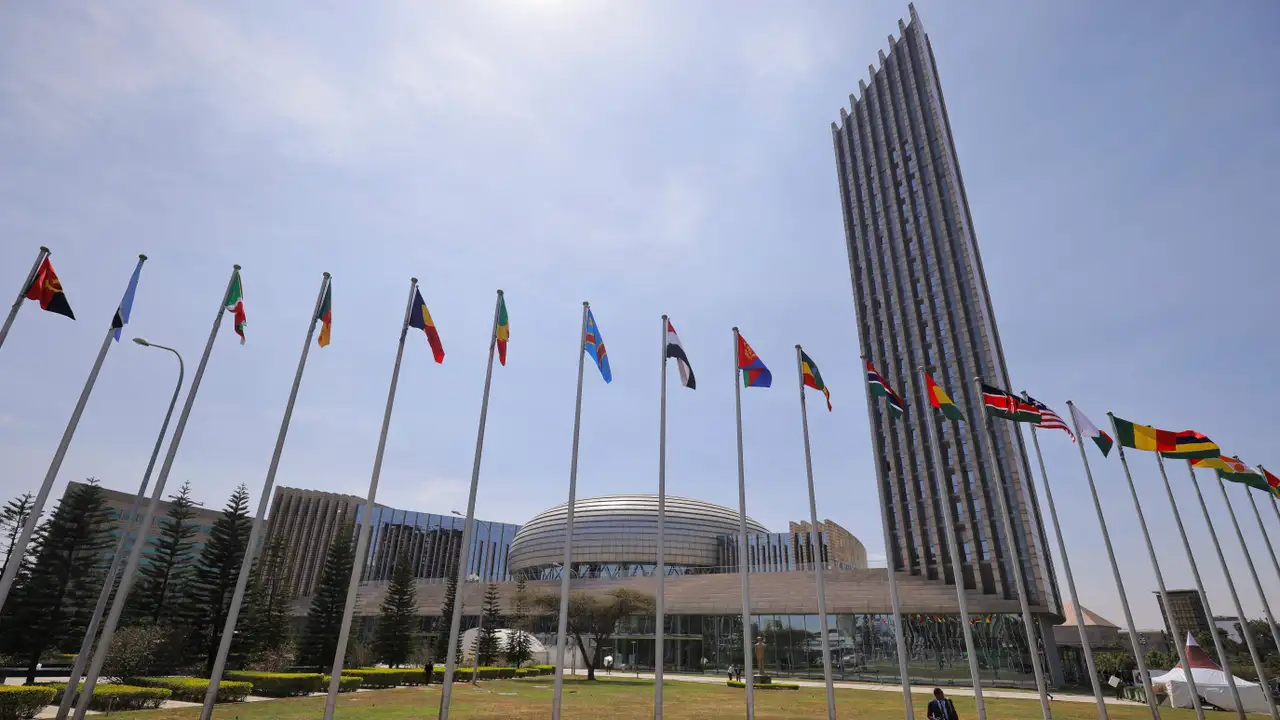 FILE PHOTO: A delegate walks next to African Union (AU) member states flags ahead of the 38th Ordinary Session of the Heads of State and Government of the African Union at the African Union Commission (AUC) headquarters in Addis Ababa, Ethiopia, February 14, 2025. REUTERS/ Tiksa Negeri/File Photo