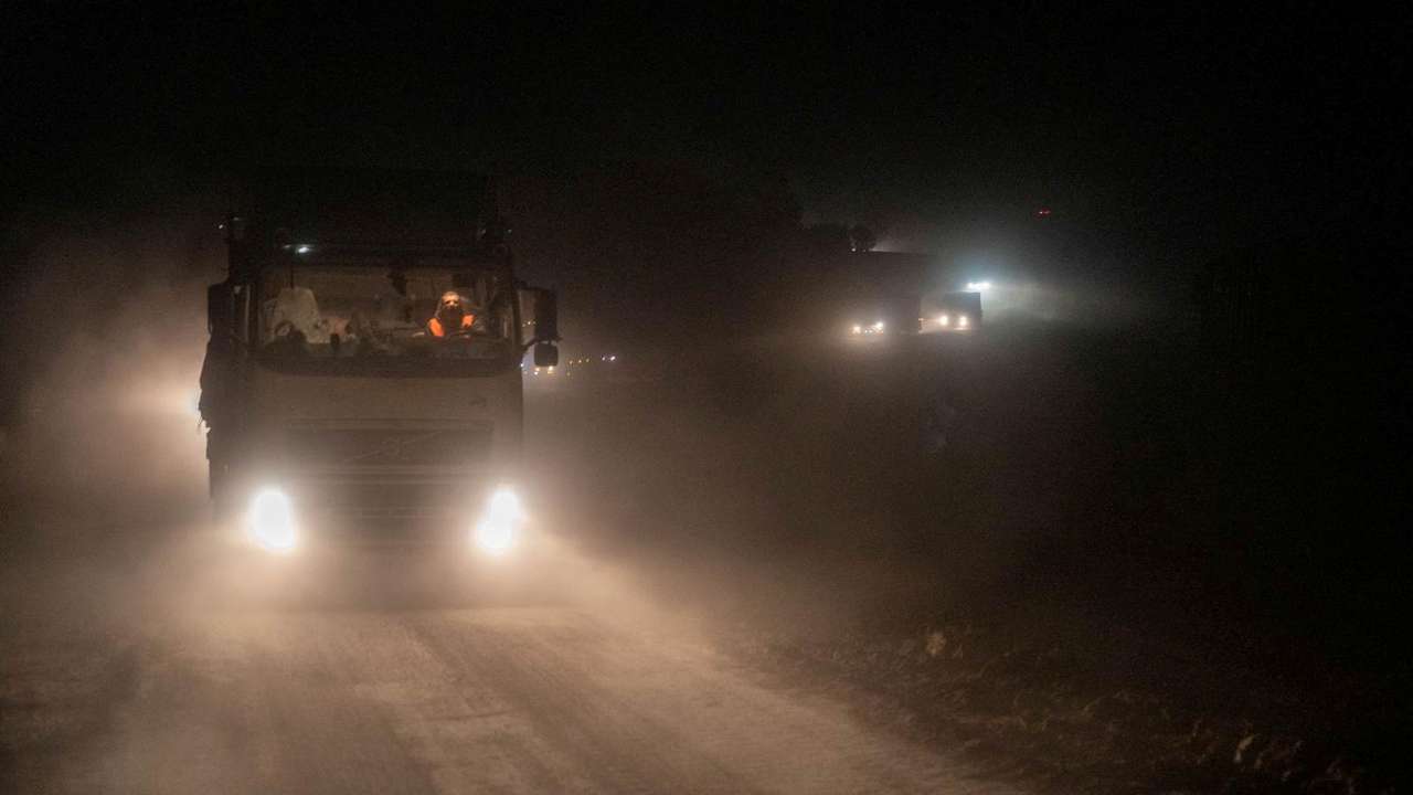 Israeli army handout image shows trucks containing humanitarian aid from WFP in a location given as northern Gaza strip