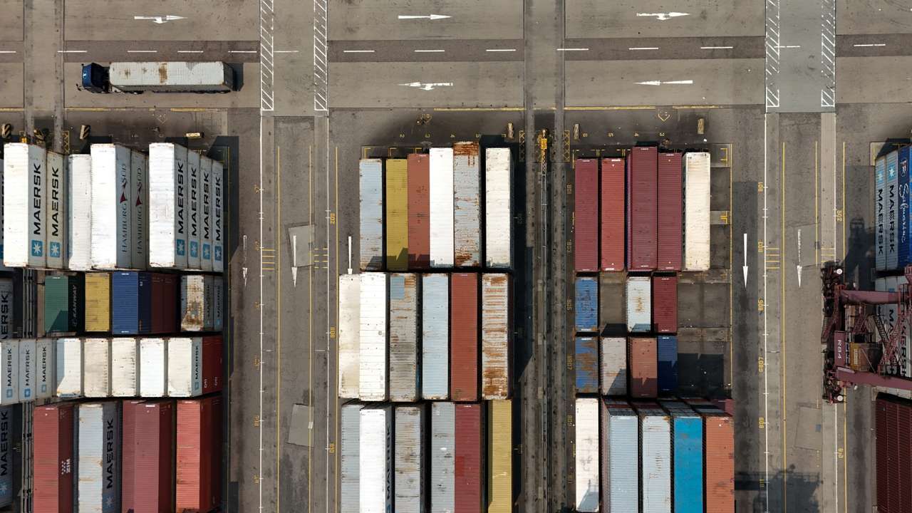 A drone view shows container terminals at Kwai Chung in Hong Kong