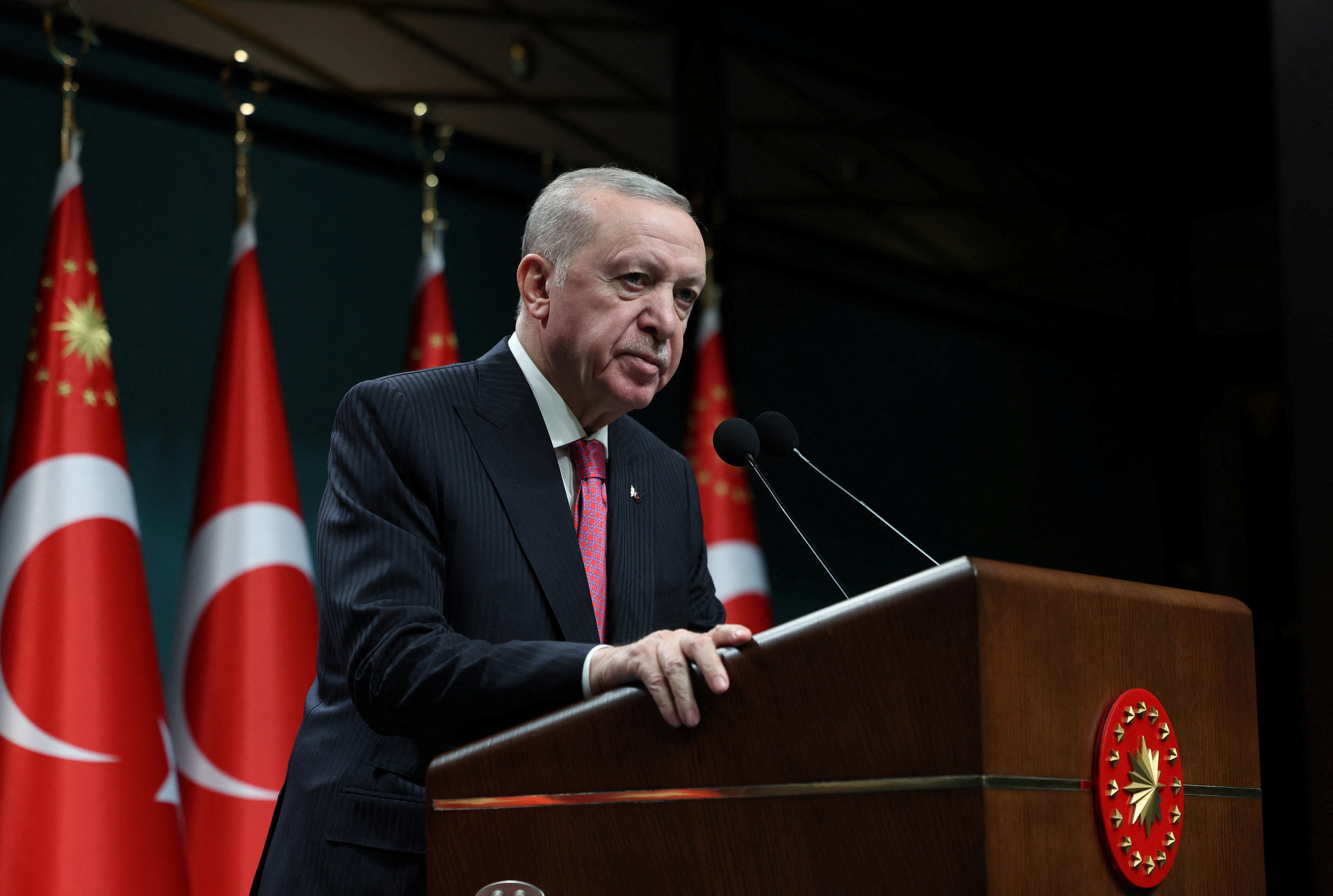 Turkish President Erdogan speaks after a cabinet meeting in Ankara