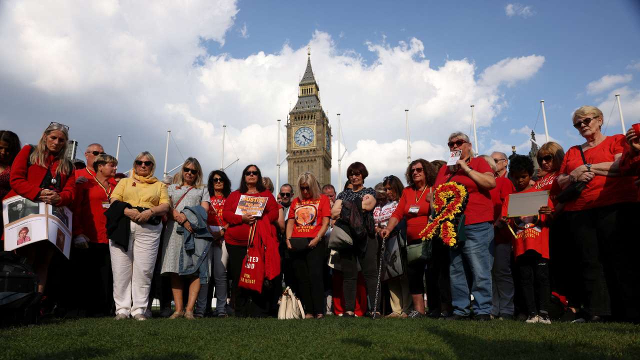 People impacted by the contaminated blood scandal gather in Westminster ahead of the release of final report of the Infected Blood Inquiry