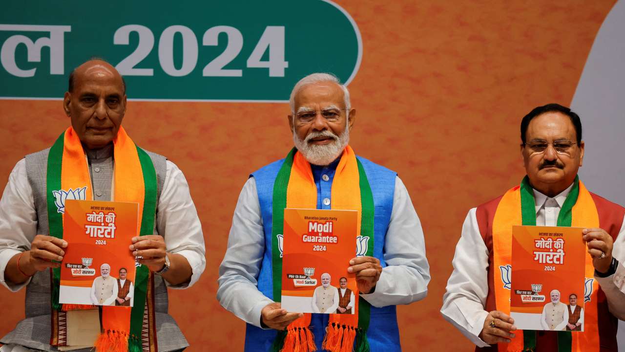 Indian PM Modi presents BJP election manifesto, in New Delhi
