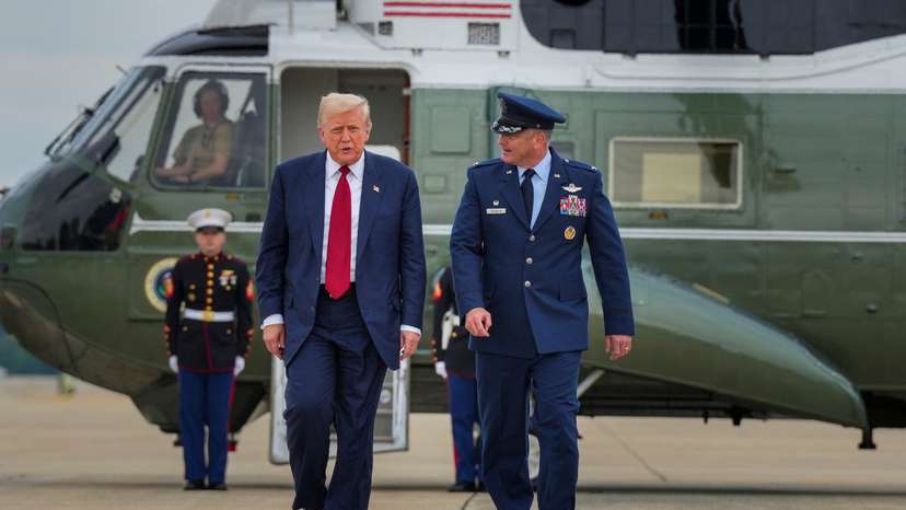 U.S. President Donald Trump steps off Marine One at JBA on his way to New Jersey