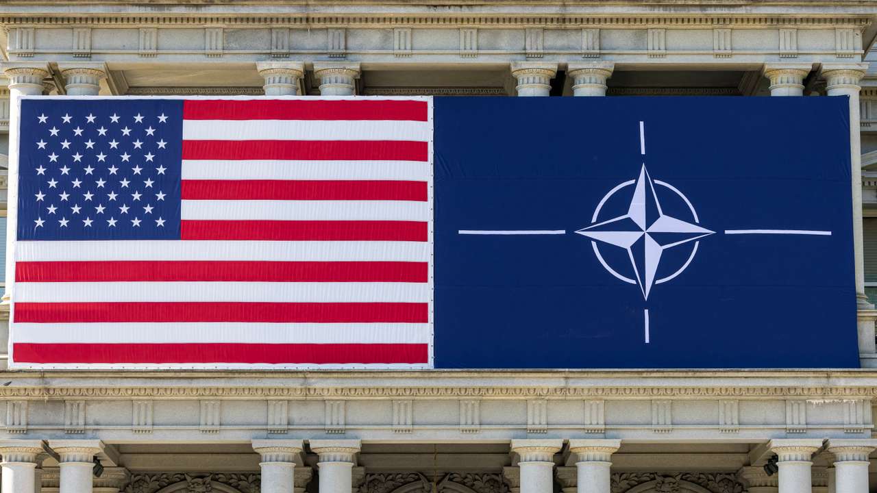 The U.S. flag alongside the NATO flag in Washington