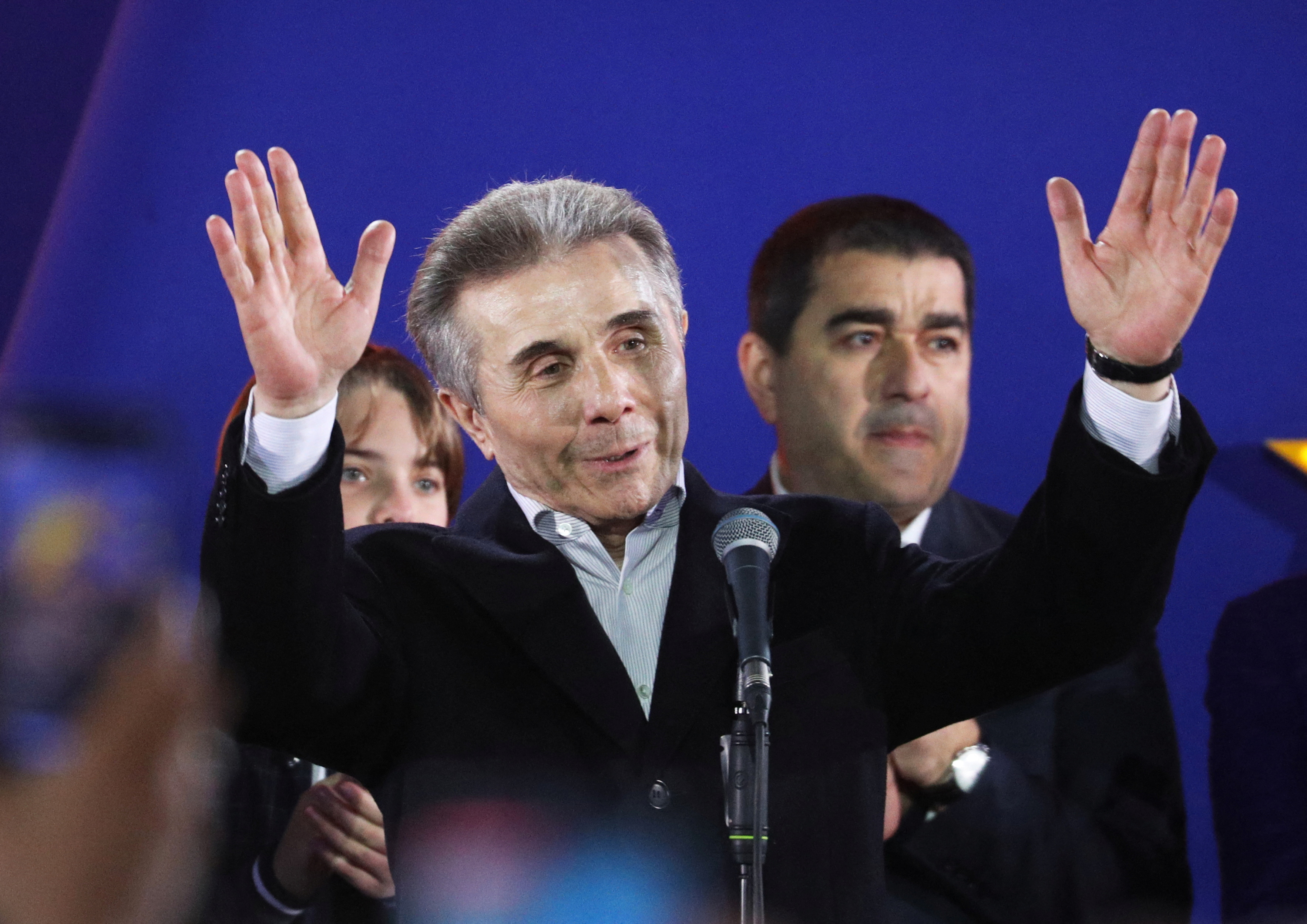 Founder of the Georgian Dream party Bidzina Ivanishvili speaks after the announcement of exit poll results in Tbilisi