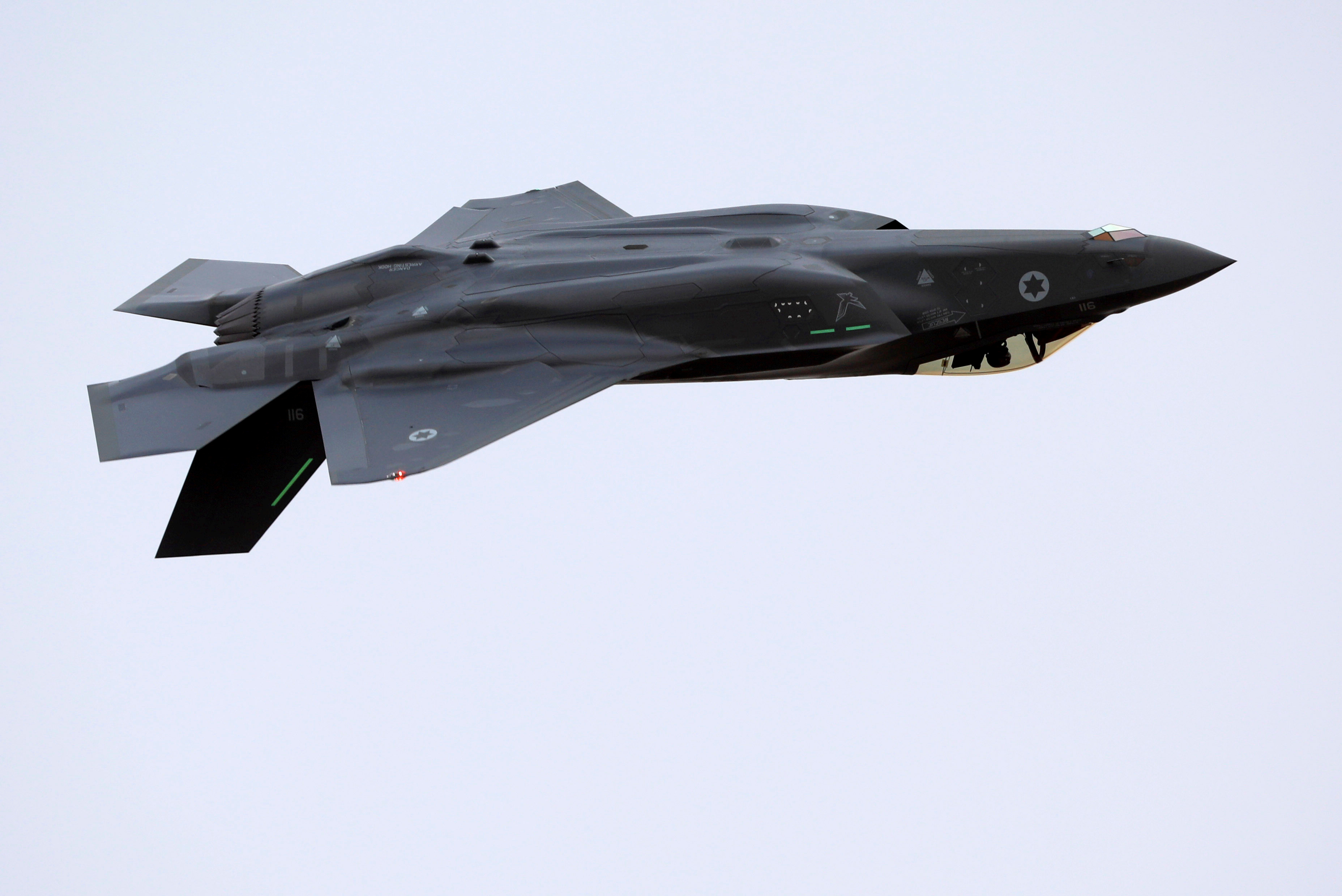 An Israeli Air Force F-35 fighter jet flies during an aerial demonstration at a graduation ceremony for Israeli Air Force pilots at the Hatzerim air base in southern Israel