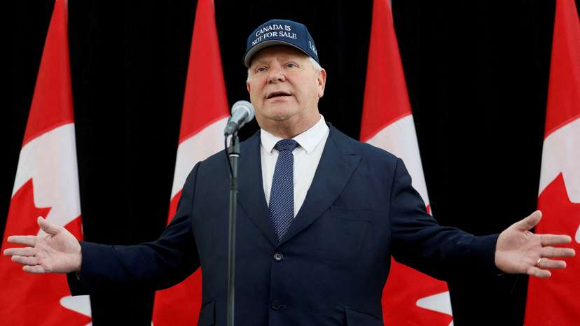 Ontario Premier Doug Ford speaks to journalists at a provincial and territorial leaders meeting in Ottawa