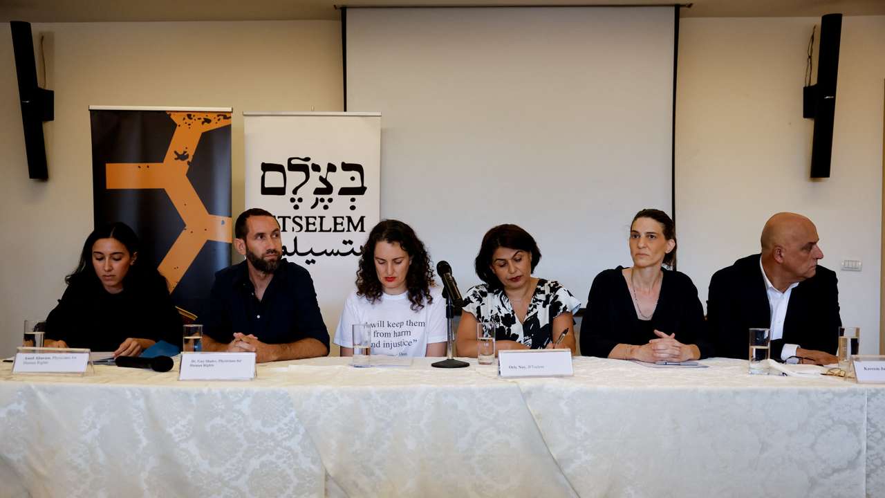 Israeli human rights groups hold a press conference to issue a report saying Israel is committing a genocide in Gaza, in East Jerusalem