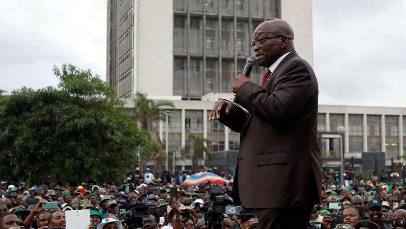 Former South African President Jacob Zuma speaks to supporters of the uMkhonto weSizwe Party outside the High Court in Durban