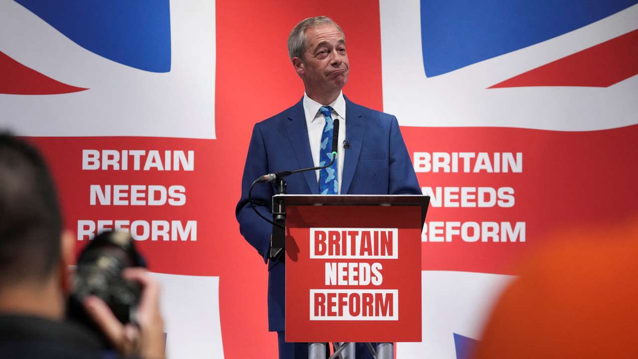 Honorary President of the Reform UK party Nigel Farage attends press conference, in London