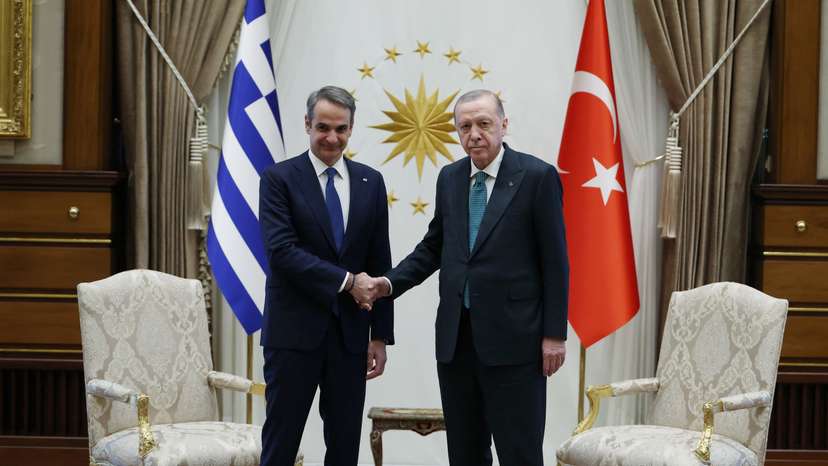 Turkey's President Tayyip Erdogan meets with Greek Prime Minister Kyriakos Mitsotakis at the Presidential Palace in Ankara