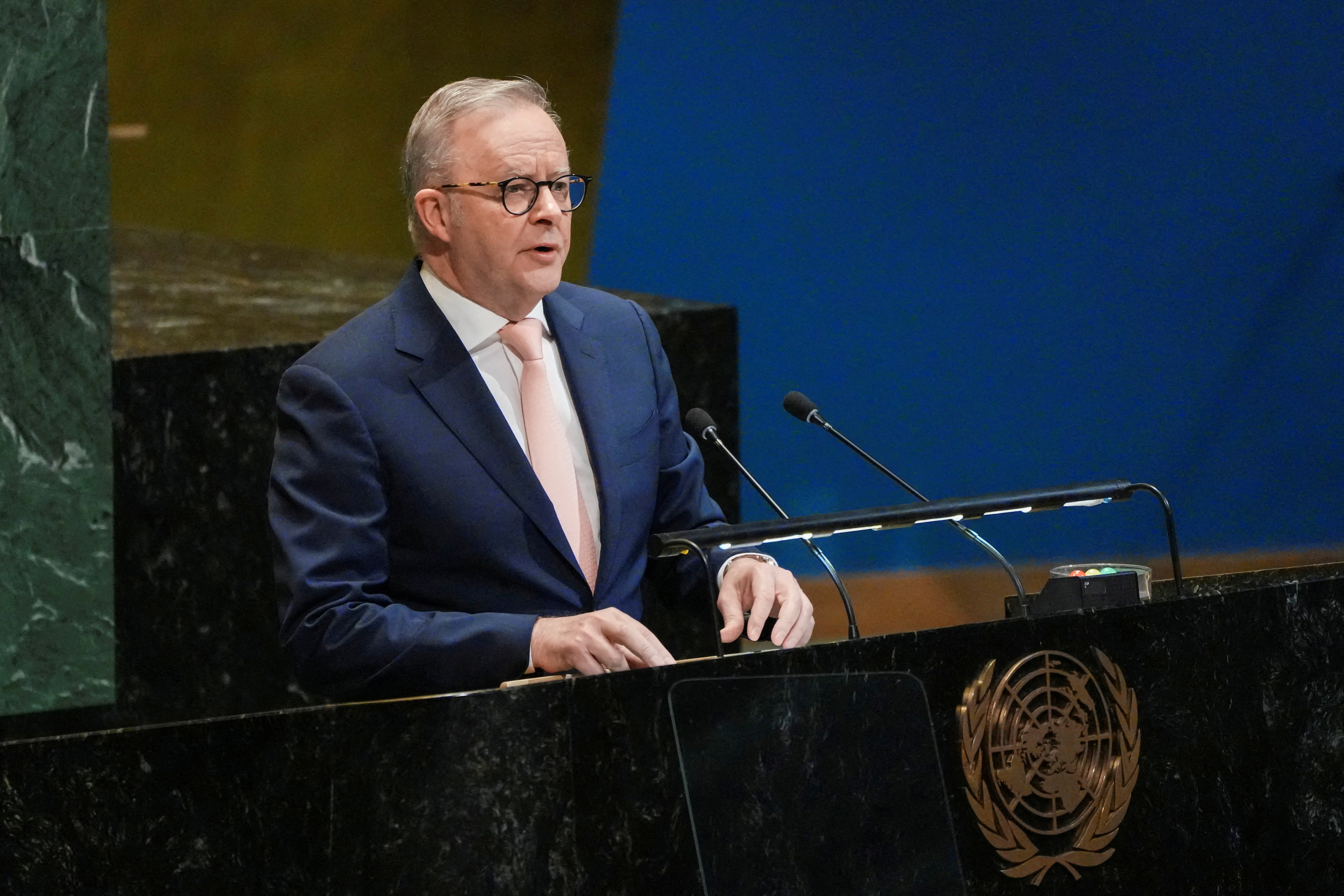 FILE PHOTO: Australian Prime Minister Anthony Albanese addresses delegates at United Nations headquarters in New York City