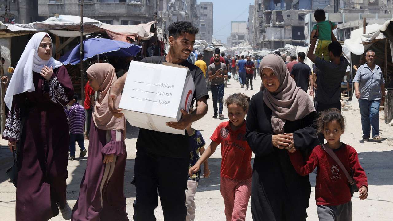 FILE PHOTO: Displaced Palestinian family in Gaza City receives first aid in months in Gaza City