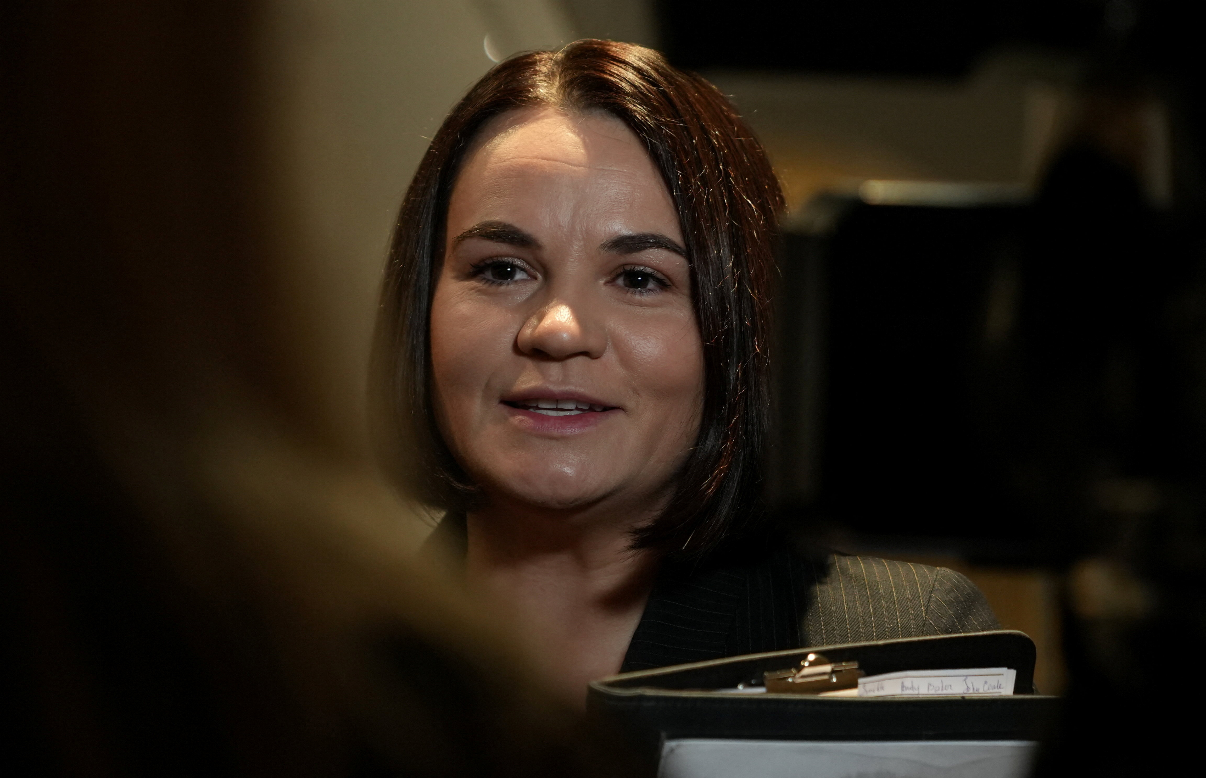 Belarusian opposition leader Sviatlana Tsikhanouskaya talks during an interview in Oslo