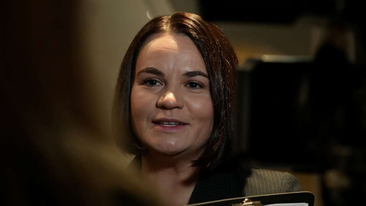 Belarusian opposition leader Sviatlana Tsikhanouskaya talks during an interview in Oslo