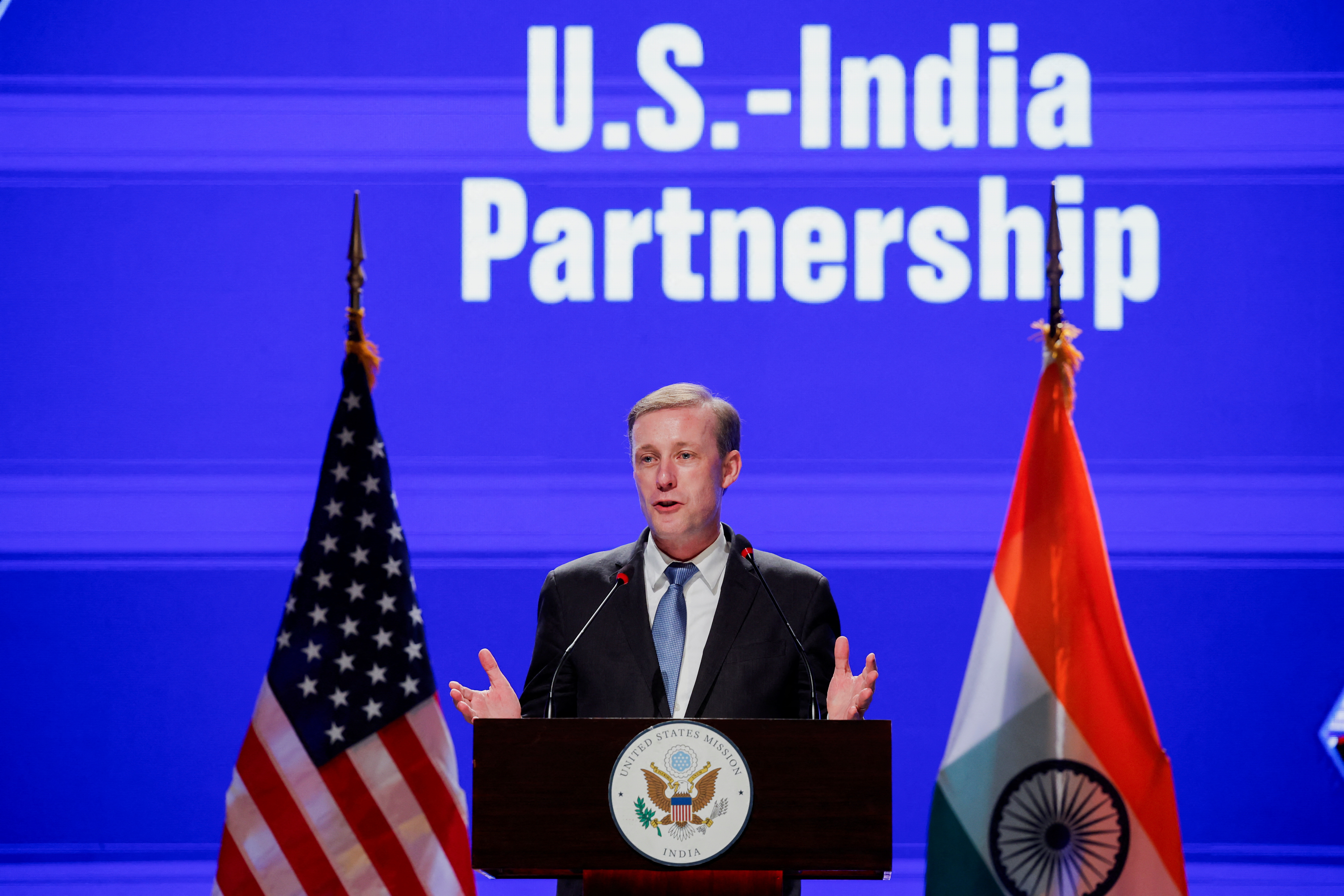 Jake Sullivan, National Security Advisor of the United States, speaks at an event at Indian Institute of Technology in New Delhi