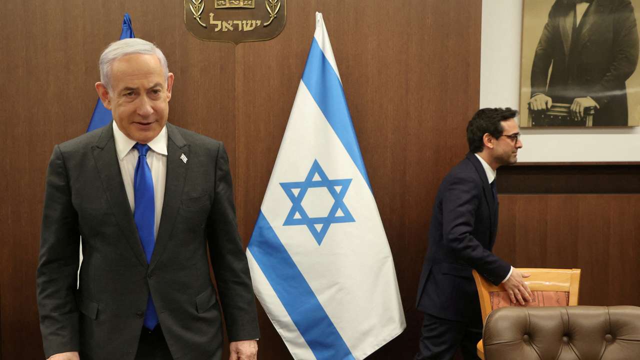FILE PHOTO: Israeli Prime Minister Netanyahu and French Foreign Minister Sejourne in Jerusalem