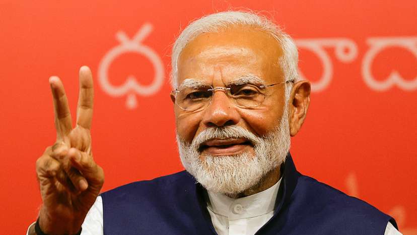 Indian PM Modi speaks to supporters at the BJP headquarters, in New Delhi