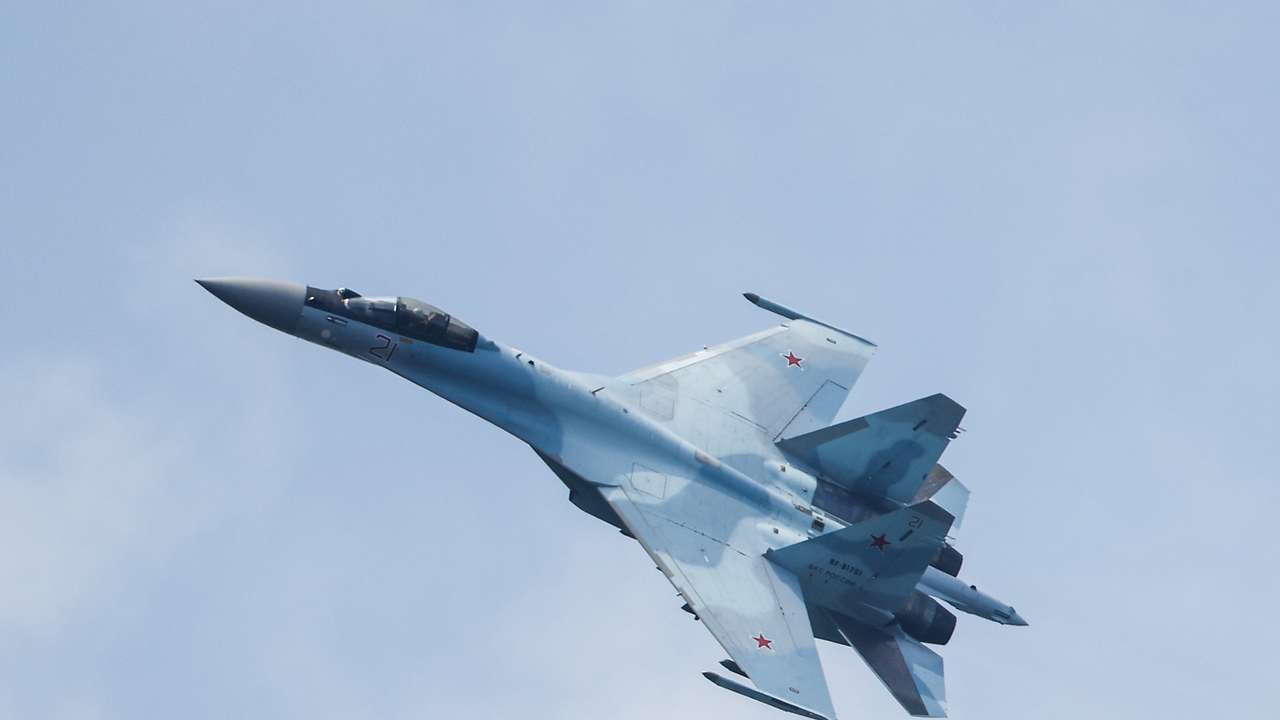 A Russian Sukhoi Su-35S jet fighter performs a flight during the Aviadarts competition outside Ryazan